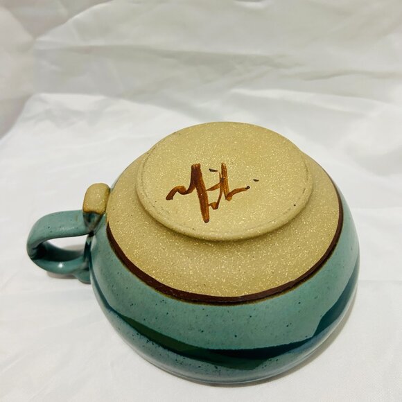 Signed Art Pottery soup mug bowl Teal Blue green glaze Thumb Rest - Picture 10 of 15